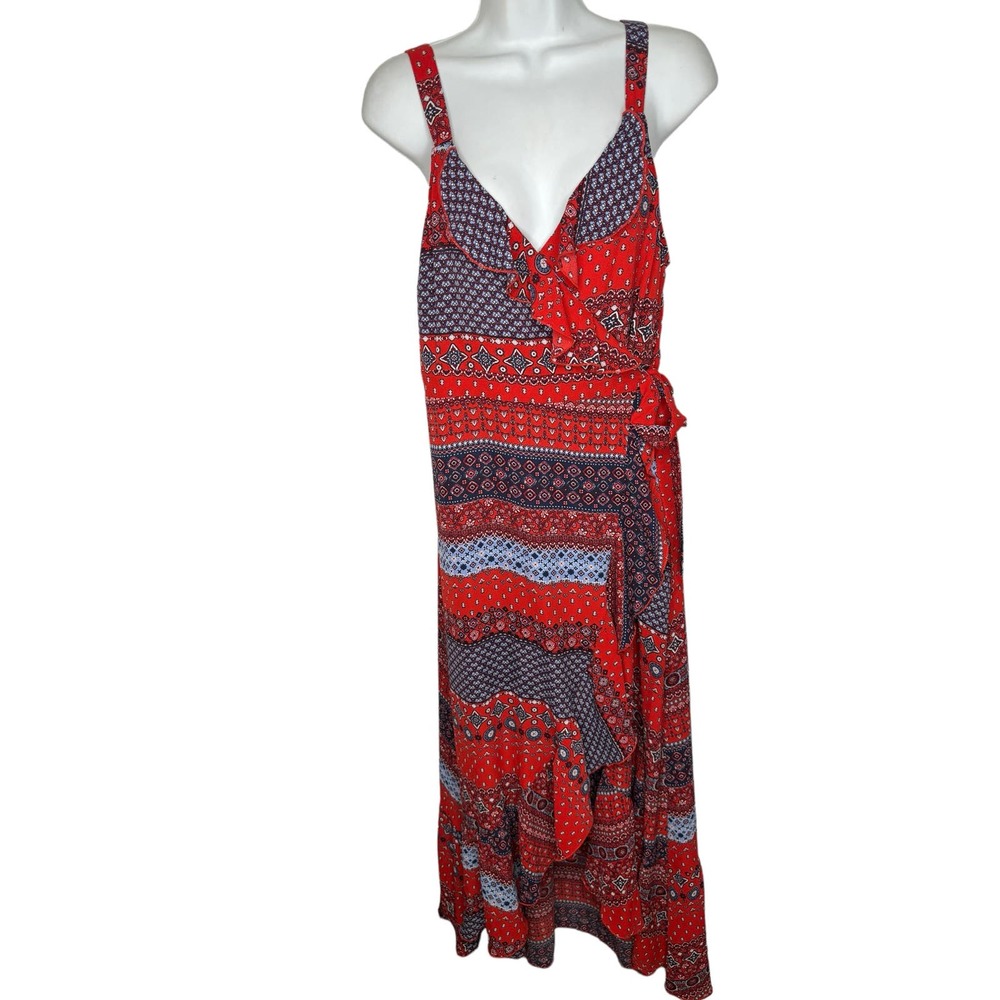 Living Doll Women's Ruffle Asymmetrical Wrap Midi Dress Red Printed Boho Flowy M